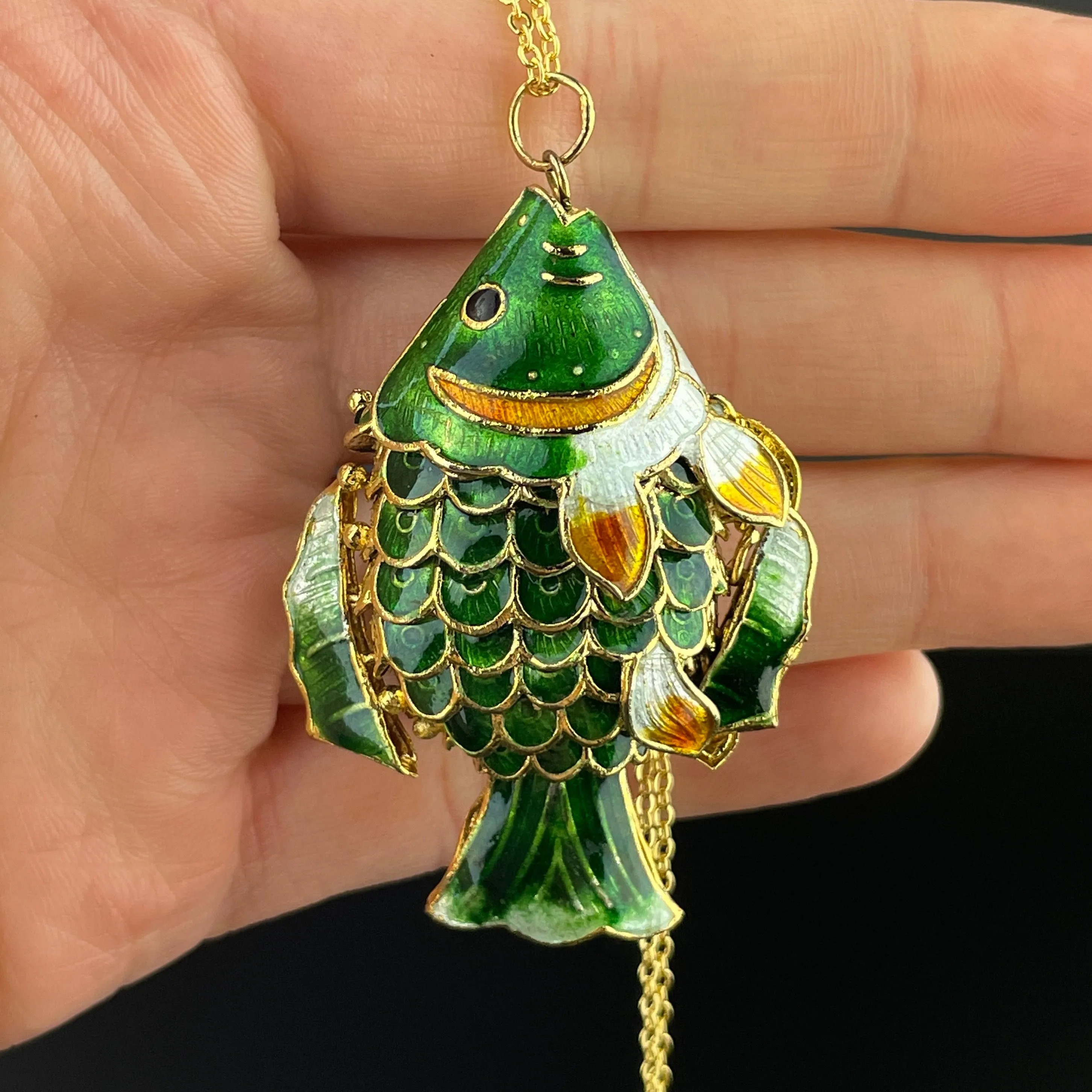 Vintage Sterling Silver Gold Gilt Enamel Sun Fish Pendant Necklace