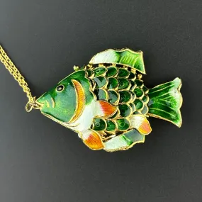 Vintage Sterling Silver Gold Gilt Enamel Sun Fish Pendant Necklace